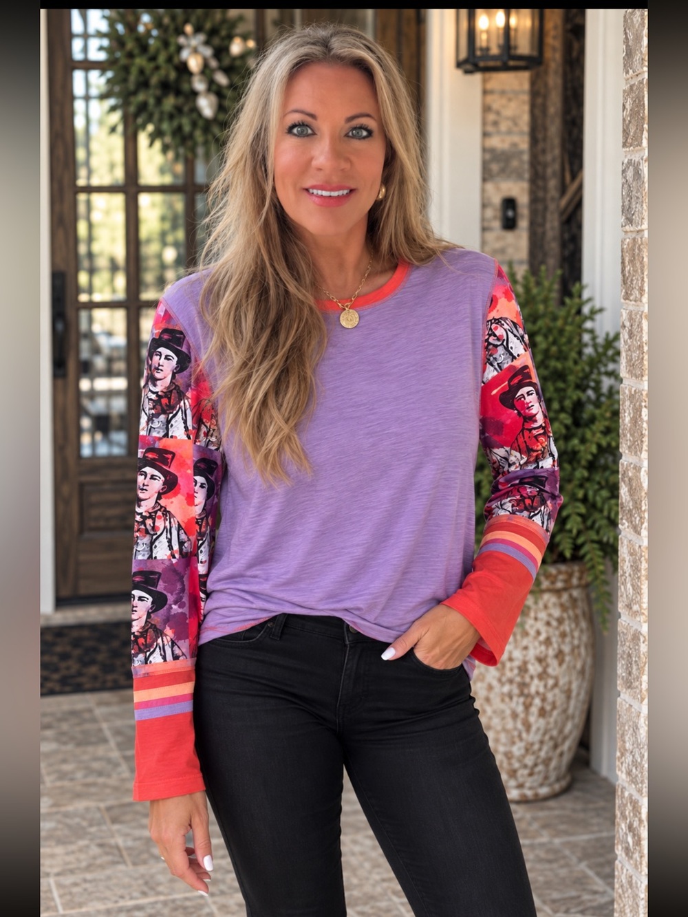 Double D Ranch Lavender Tee with Red Graphic Raglan Sleeves